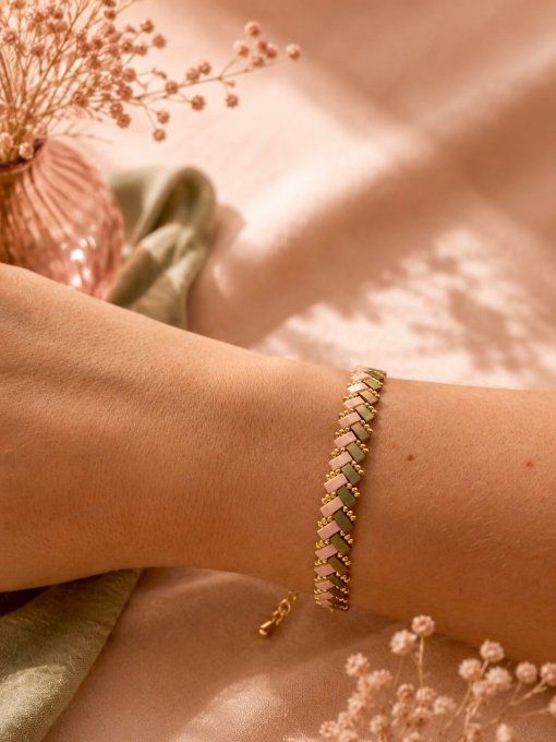 Bracelet chevron bicolore rose pale / kaki 